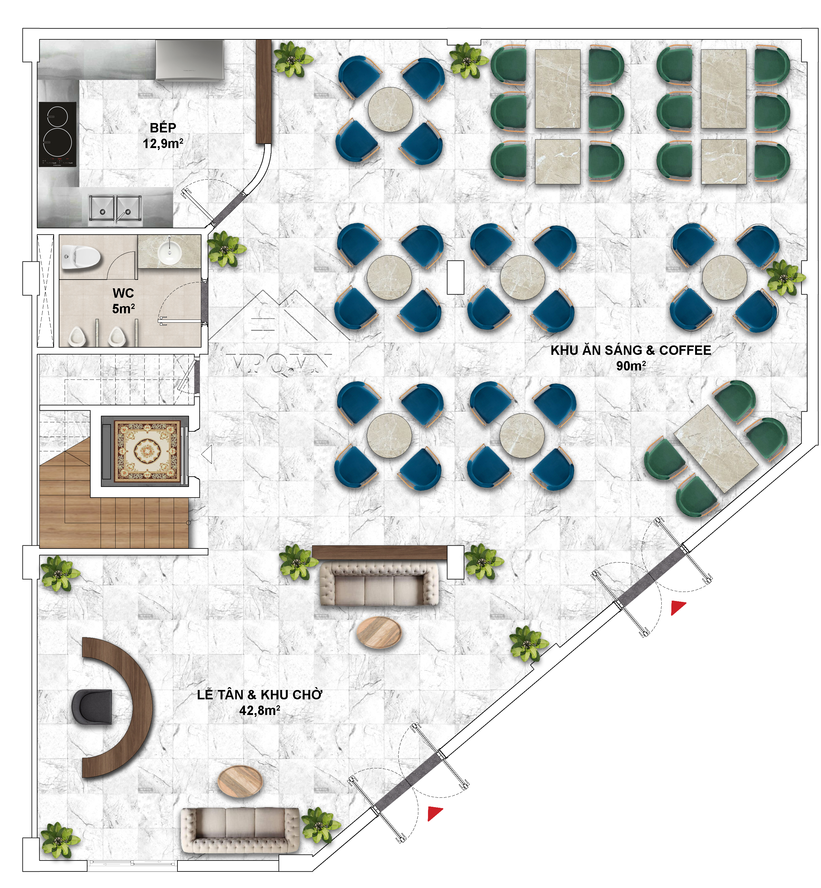 Thiết kế Shophouse The Center Phú Quốc mặt tiền 14m - Tầng 1